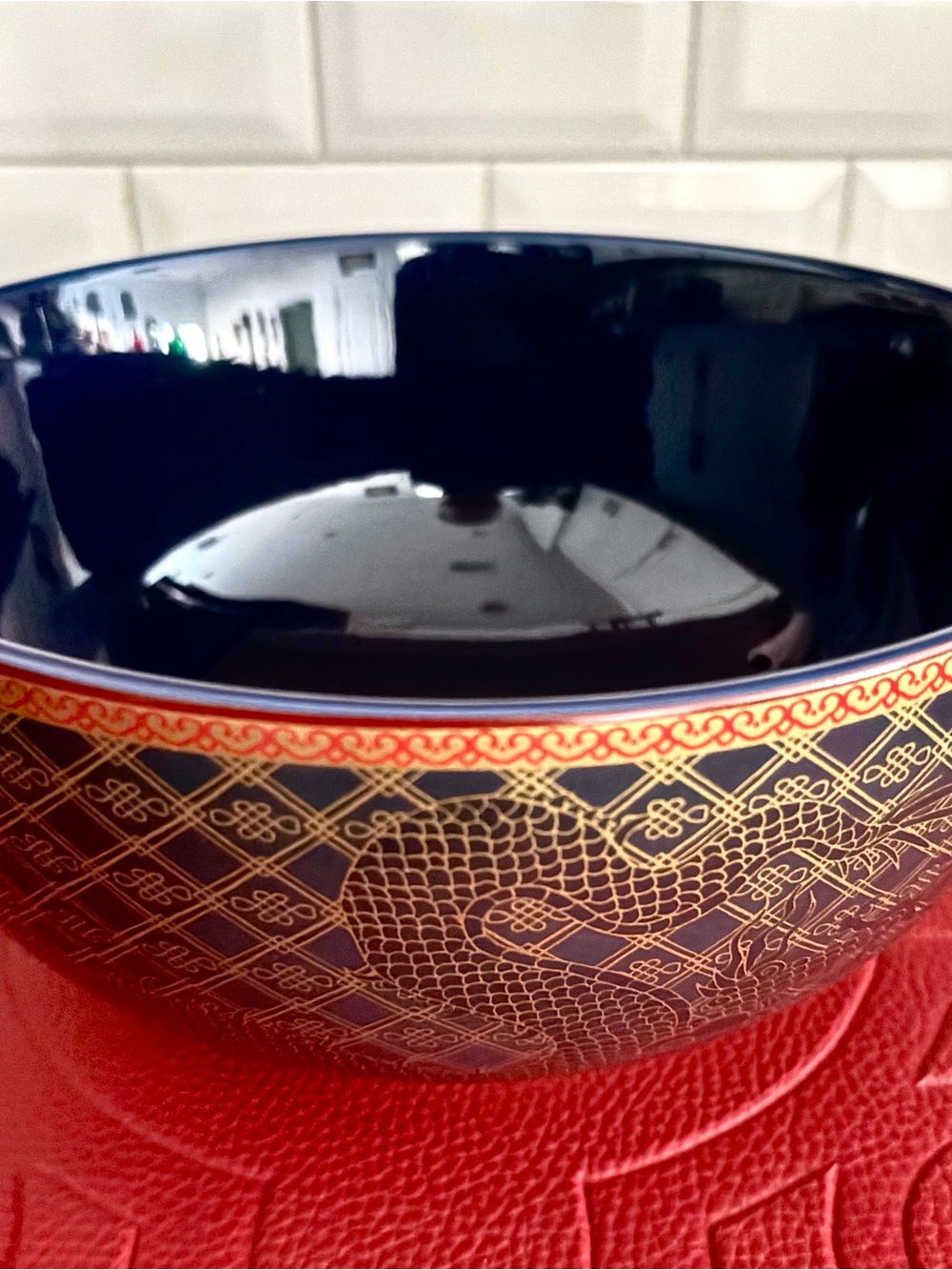 Williams Sonoma Chinese Lunar Blue and Gold Porcelain Dragon Bowl NEW